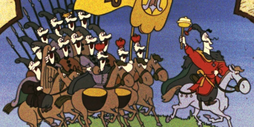 Кадр або постер відреставрованої анімаційної стрічки «Енеїда» (1991) режисера Володимира Дахна та художника Едуарда Кирича.