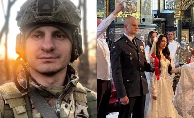 Євген Карась у військовій формі та Катерина Шведенко у білій мереживній сукні з довгою фатою під час вінчання.